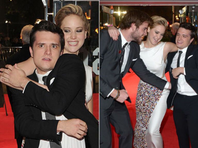 Jennifer Lawrence, Josh Hutcherson und Liam Hemsworth albern auf dem Red Carpet herum