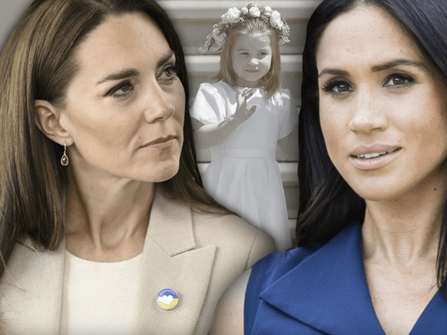 Meghan und Kate schauen ernst drein - im Hintergrund Prinzessin Charlotte im Brautjungfern-Kleid