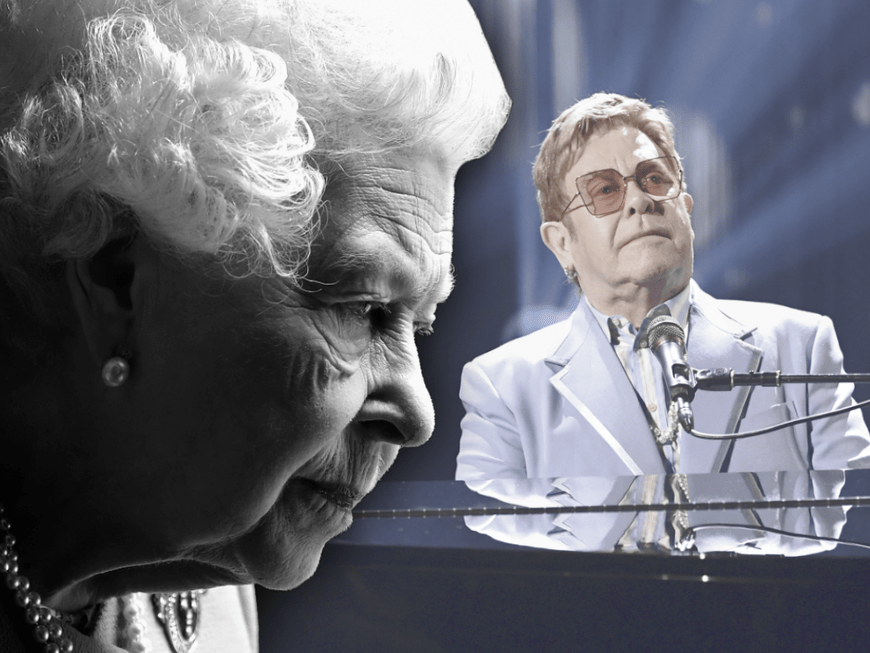 Queen Elizabeth schwarzweiß - im Hintergrund Elton John am Klavier