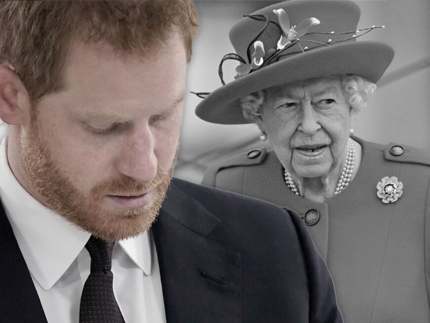 Prinz Harry guckt traurig nach unten, Queen Elizabeth II. mit Hut 