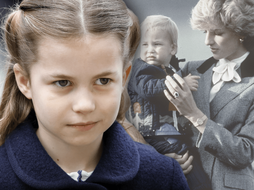 Prinzessin Charlotte - im Hintergrund Prinz William als Kleinkind mit Prinzessin Diana, die ihn auf dem Arm trägt