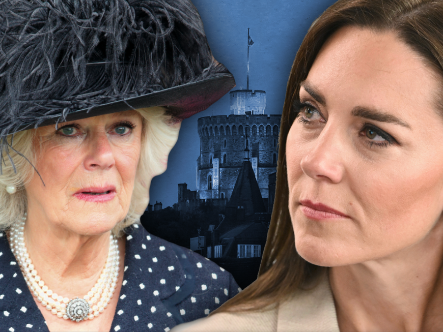 Prinzessin Kate vs. Queen Consort Camilla - im Hintergrund Schloss Windsor bei Nacht