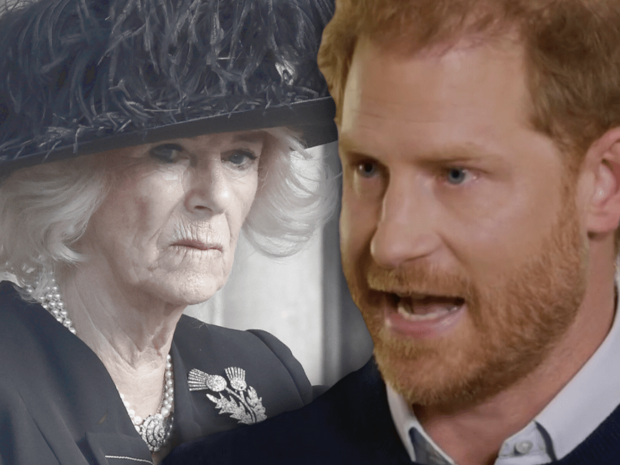 Prinz Harry beschwert sich in ITV-Interview 2023 - im Hintergrund Camilla ernst