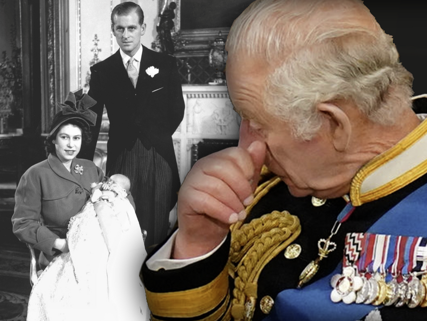 Montage: König Charles III. weint - im Hintergrund als Baby mit Queen Elizabeth II. und Prinz Philip