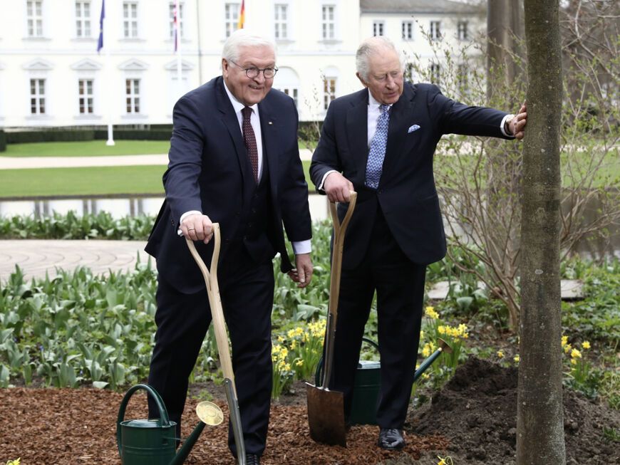 Frank-Walter Steinmeier und König Charles III. pflanzen einen Baum.