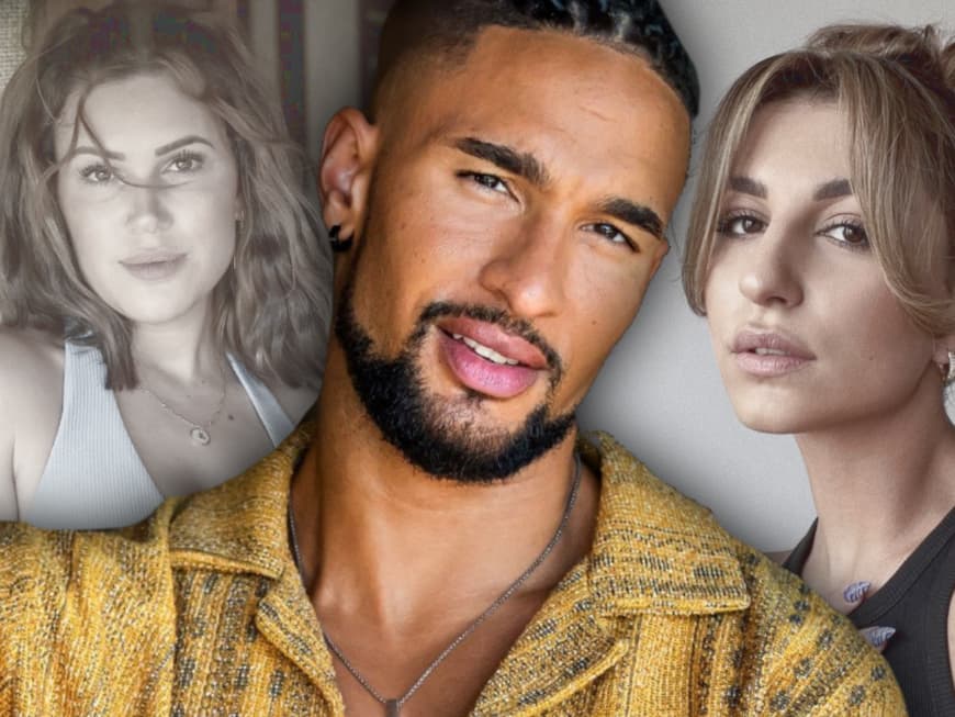 "Der Bachelor" 2023: Montage mit David Jackson, Rebecca und Chiara mit ernstem Gesicht