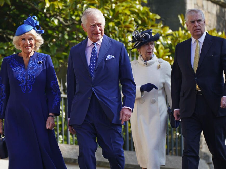 Königin Camilla, König Charles III, Prinzessin Anne und Prinz Andrew, Ostern 2023. 