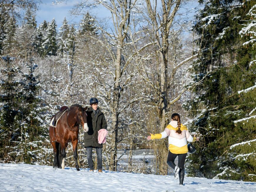 Sturm der Liebe Valentina rennt im Schnee auf Noah und sein Pferd im Wald zu