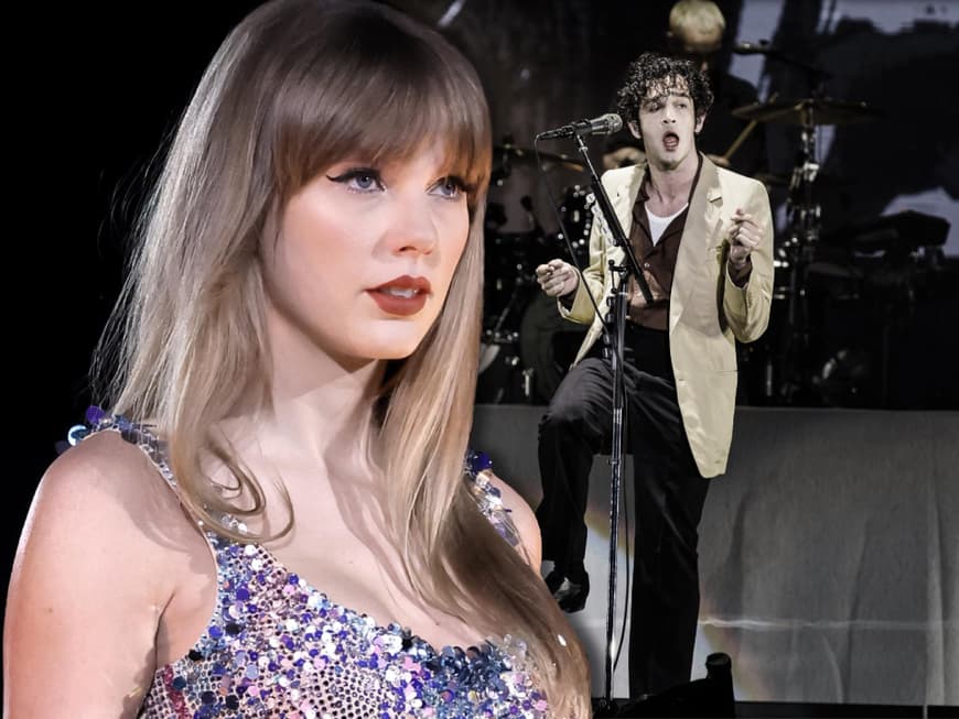 Taylor Swift guckt ernst, im Hintergrund singt Matty Healy auf der Bühne