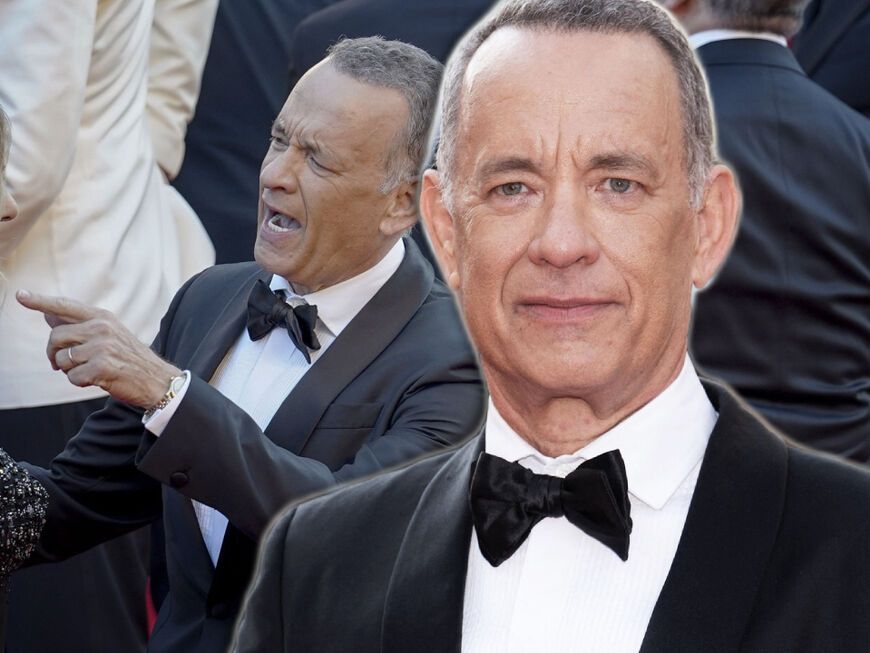 Tom Hanks sieht wütend aus, zeigt mit dem Finger auf andere