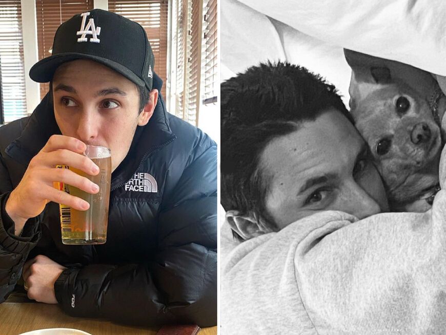 Dalton Gomez trinkt ein Bier und kuschelt mit Arianas Hund