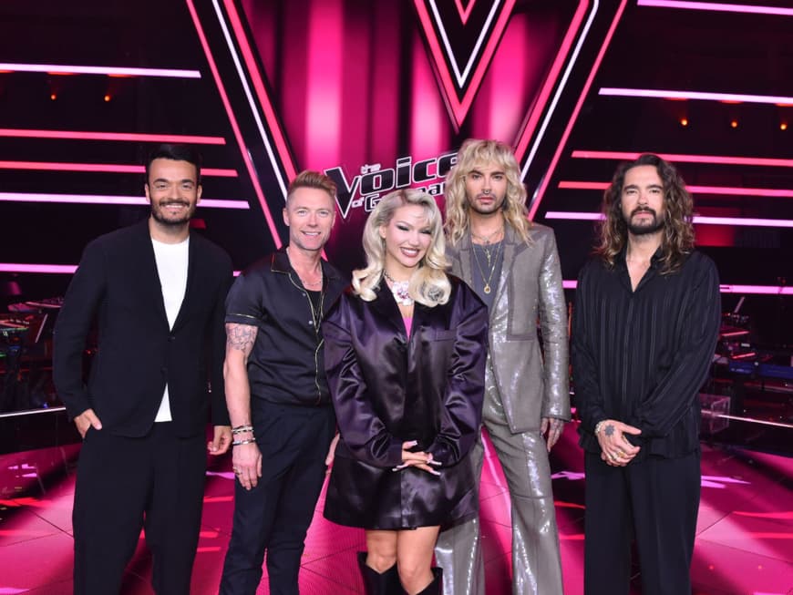 "The Voice of Germany" 2023: Die Jury mit Giovanni Zarrella; Ronan Keating; Shirin David; Bill Kaulitz; Tom Kaulitz (v.l.)