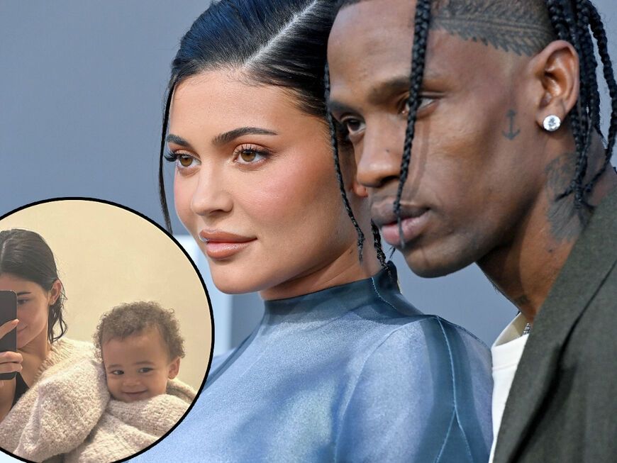 Kylie Jenner und Travis Scott mit Sohn Aire (Fotomontage)