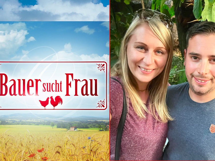 "Bauer sucht Frau"-Logo und Katrin und Marc mit ihrem Verlobungs-Selfie