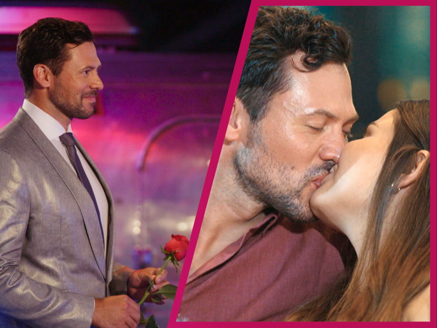 "Bachelors" Sebastian Klaus mit einer Rose und bei einem Kuss mit Eva Thümling 
