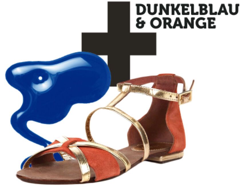 Lack „Pure Color – Wild Blue“ von Estée Lauder, ca. 21 Euro; Schuhe: Veloursledersandaletten in Orange mit Goldriemchen von Topshop über topshop.com, ca 45 Euro