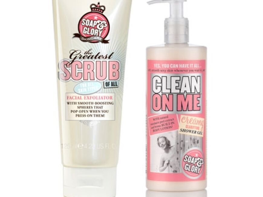 Soap & Glory Skincare: Gesichtspeeling "The Greatest Scrub of all", ca. 11,95 Euro und Duschgel "Clean on me", ca. 7,50 Euro. Beides exklusiv bei Douglas erhältlich
