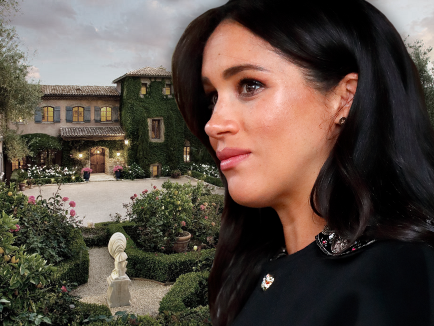 Herzogin Meghan sieht besorgt aus, im Hintergrund ein Foto ihres Anwesens in Montecito