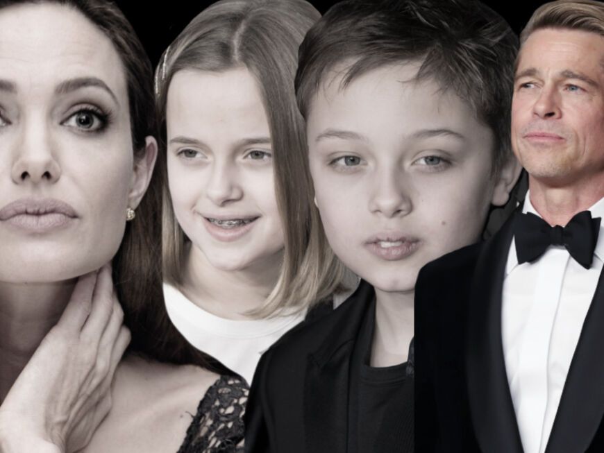 Montage: Angelina Jolie und Brad Pitt ernst - mittig die Zwillinge Vivienne und Knox Jolie-Pitt