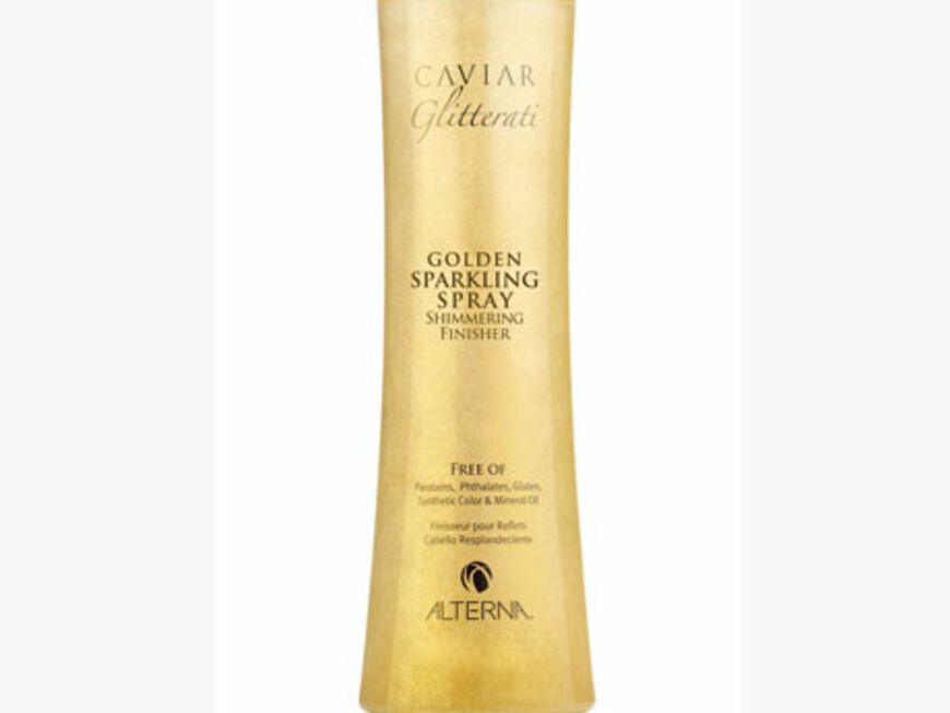 Für die Haare gibt es Glitzersprays im Gold-Look wie etwa das "Golden Sparkling Spray" von Alterna, 97 ml ca. 23 Euro