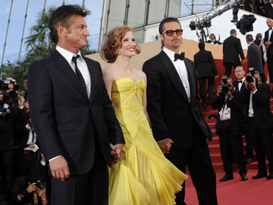 Die Hauptdarsteller Sean Penn, Brad Pitt und Jessica Chastainï»¿ posierten für die Kameras