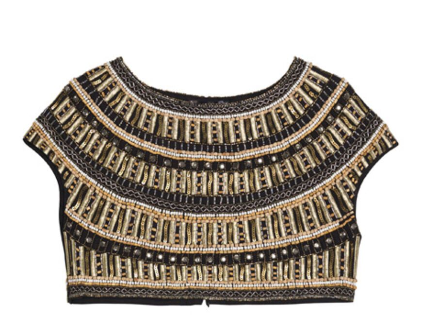 Kurzes Top mit goldenen Stäbchen, Perlen und Nieten von Zara, ca. 90 Euro