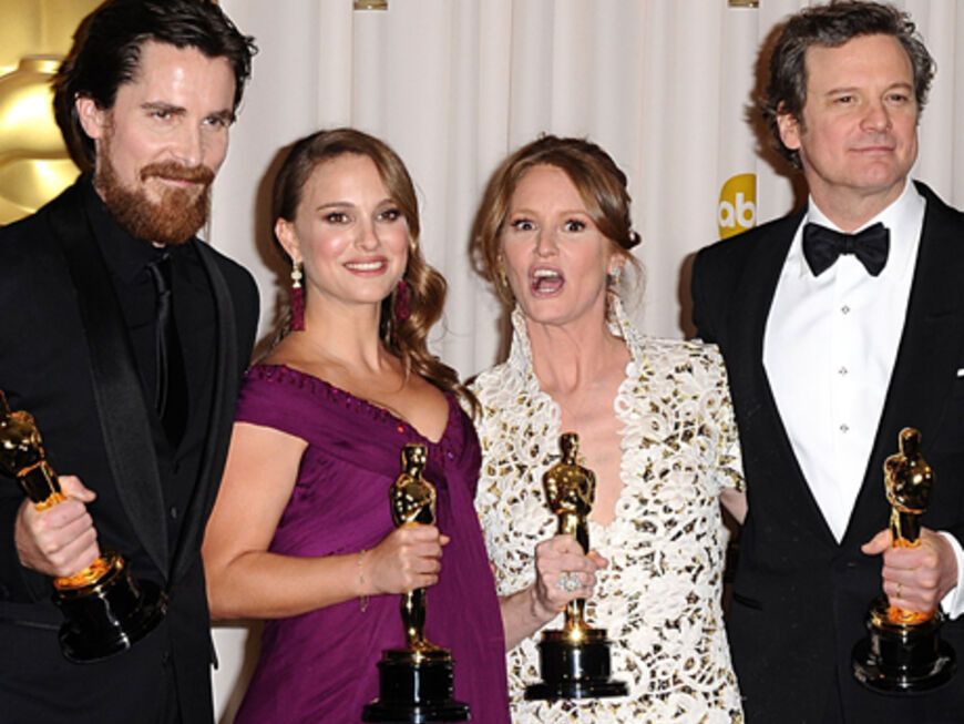 2011: Christian Bale (Bester Nebendarsteller "The Fighter"), Natalie Portman (Beste Hauptdarstellerin "Black Swan"), Melissa Leo (Beste Nebendarstellerin, "The Fighter") und Colin Firth (Bester Hauptdarsteller "The King's Speech)