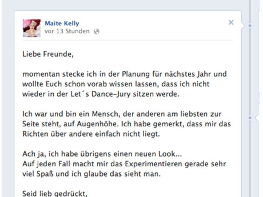Maite gibt über Facebook bekannt, dass sie nicht weiter in der Jury von "Let's Dance" sitzen wird