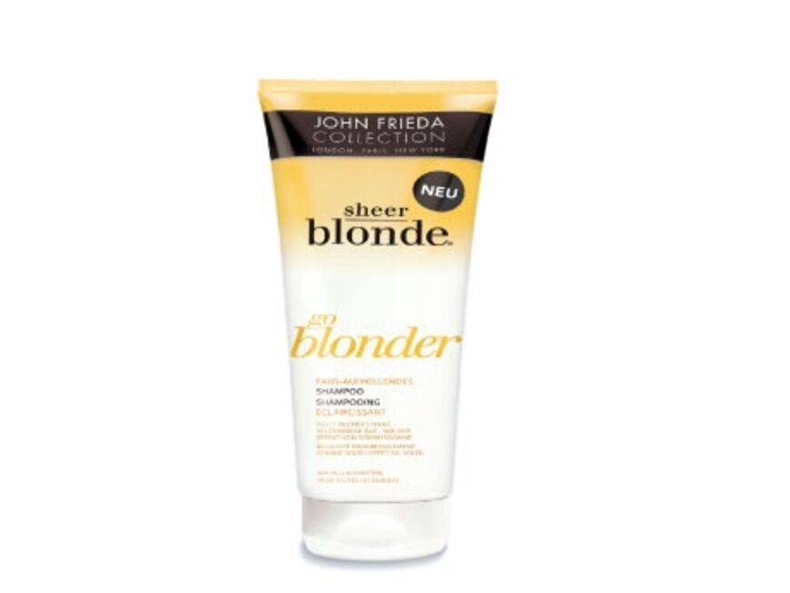 Hellt bei jeder Wäsche sanft auf: "Sheer Blonde Go Blonder Shampoo" von John Frieda, 250 ml ca. 9 Euro  