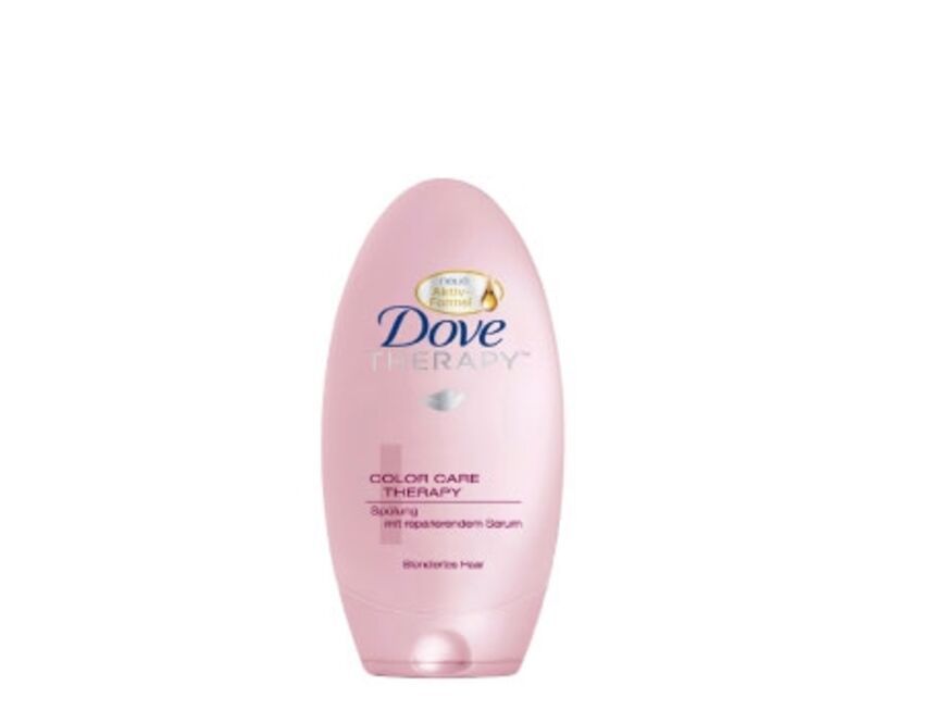 Glättet die aufgeraute Schuppenschicht mit reichhaltigen Seren: "Color Care Therapy Spülung Blondiertes Haar" von Dove, 200 ml ca. 3 Euro  
