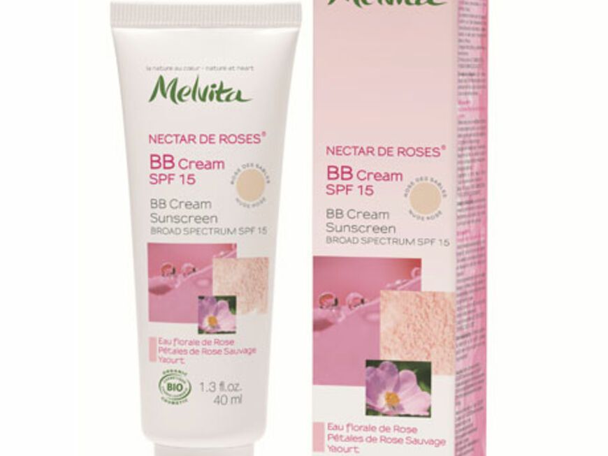 Die BB Cream "Nectar de Roses" von Melvita verschmilzt schön mit der Haut und duftet außerdem nach Rose. 40 ml ca. 30 Euro, ab Mai im Handel