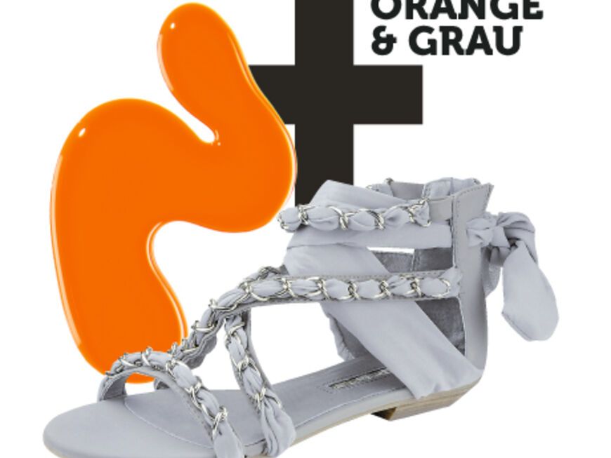 Lack „Sommer – Feeling – Nr. 084“ von BeYu, ca. 6 Euro; Schuhe: Graue Sandalen mit Stoffbändern und aufgenähter silberfarbener Gliederkette von Buffalo, ca. 50 Euro