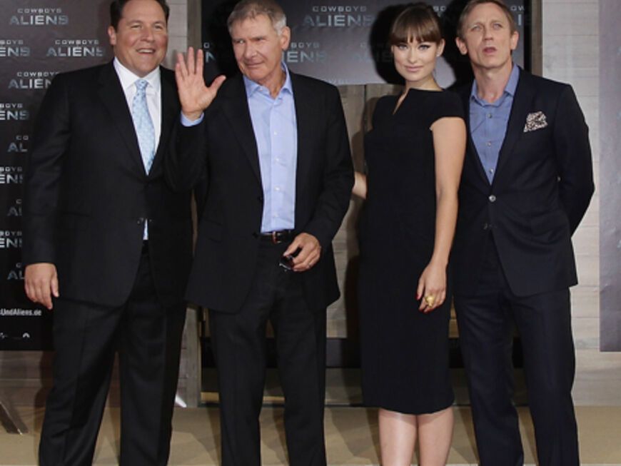 Das Team von "Cowboys & Aliens": Jon Favreau, Harrison Ford, Daniel Craig und Olivia Wilde