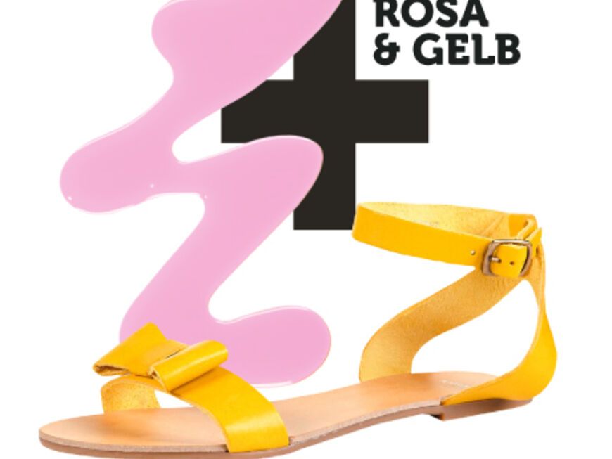 Lack „The Strong Pinks – Nr. 544“ von Essie, ca. 13 Euro; Schuhe: Gelbe Sandaletten mit gleichfarbiger Schleife aus Leder von Topshop über topshop.com, ca. 27 Euro