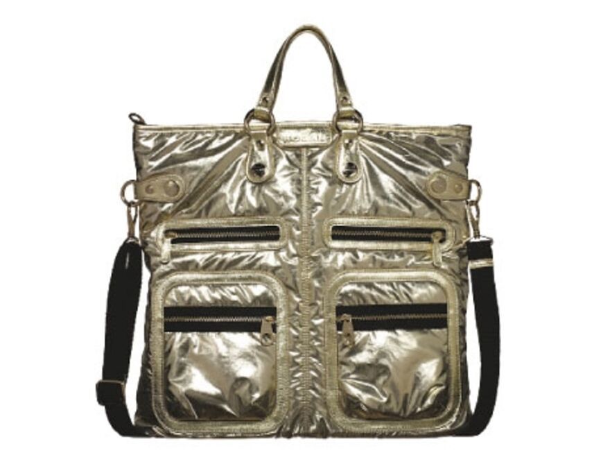 Metallic-Tasche mit Reißverschlüssen und Schulterriemen von Hogan, ca. 580 Euro  