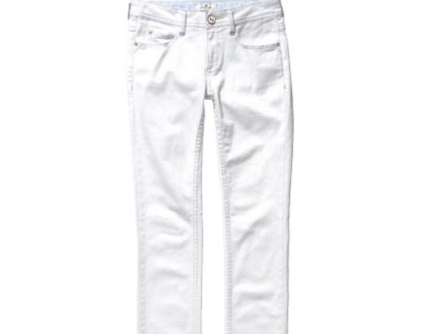 White Denim: Ob puristisch oder cool: Die weiße Jeans ist das perfekte Basic-Teil für unzählige Sommer-Looks. Es gibt nur eine Regel: schön sauber muss sie sein. Weiße Jeans mit leichter Glanzoptik von Tom Tailor, ca. 60 Euro