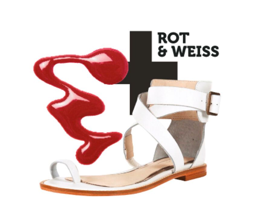 Lack „Nr.137“ von Misslyn, ca. 5 Euro; Schuhe: Weiße Ledersandalen mit Doppelschnalle und Zehenschlaufe von Topshop über topshop.com, ca. 48 Euro