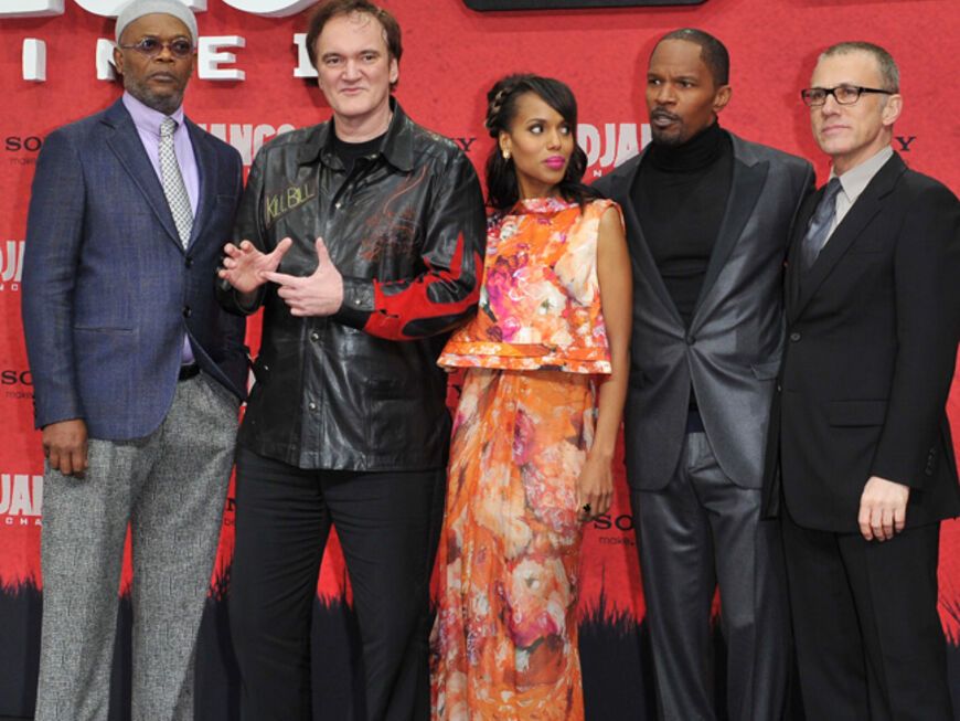Der gesamte Cast: Samuel L. Jackson, Quentin Tarantino, Kerry Washington, Jamie Foxx und Christoph Waltz. "Django Unchained" läuft in Deutschland am 17. Januar 2013 in den Kinos an