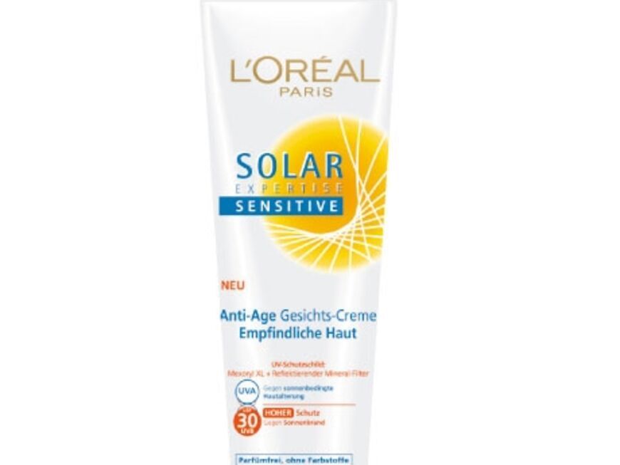 Bei empfindlicher Haut "Solar Expertise Sensitive Anti-Age Gesichts-Creme LSF 30" von LOreál Paris, 75 ml ca. 9 Euro