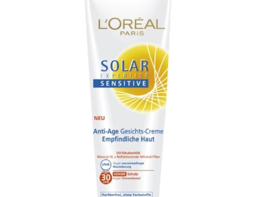 Für Sensibelchen "Solar Expertise Sensitive Anti-Age Gesichts-Creme LSF 50" von LOréal Paris, 75 ml ca. 10 Euro