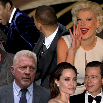 Collage von Britney Spears, Will Smiths Ohrfeige, Melanie Müller, Amber Heard und Johnny Depp, Boris Becker, Angelina Jolie und Brad Pitt