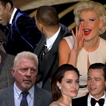 Collage von Britney Spears, Will Smiths Ohrfeige, Melanie Müller, Amber Heard und Johnny Depp, Boris Becker, Angelina Jolie und Brad Pitt