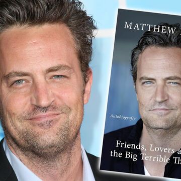 Fotomontage: Matthew Perry lächelt neben Buchcover zu Friends, Covers and the Big Terrible Thing