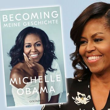 Fotomontage: Michelle Obama lächelt neben Buchcover zu Becoming
