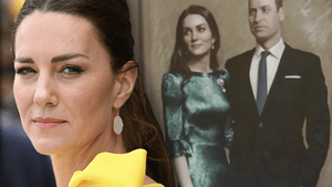 Herzogin Kate schaut ernst - im Hintergrund das Portrait von William und Kate