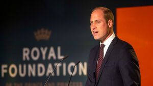 Prinz William steht vor einem Aufsteller der Royal-Foundation und spricht