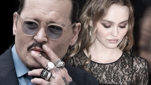 Johnny Depp schaut zur Seite und raucht, Lily-Rose Depp schaut nach unten