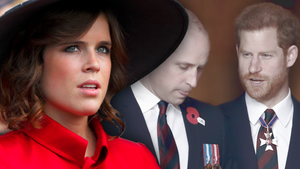 Prinzessin Eugenie ernst - im Hintergrund Prinz William und Prinz Harry