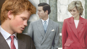 Prinz Harry als Jugendlicher - im Hintergrund seine Eltern Charles und Diana
