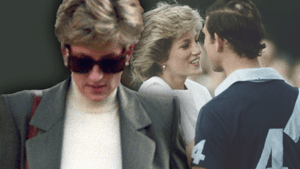 Prinzessin Diana ernst mit Sonnenbrille - im Hintergrund glücklich mit Charles